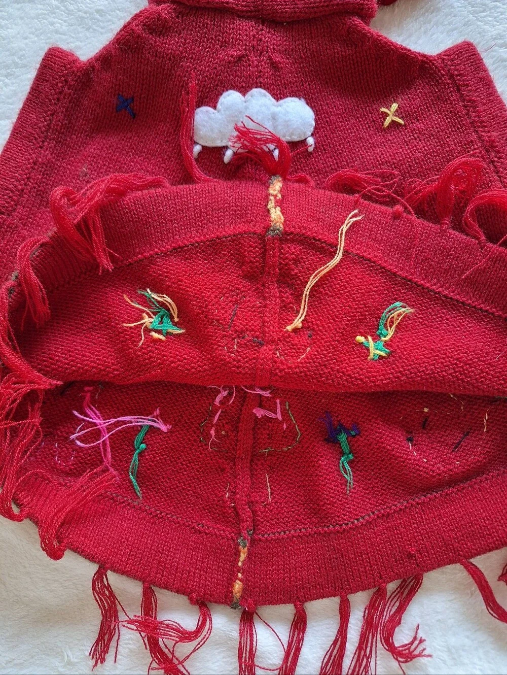 Handmade Peru Kids Hooded Poncho Sweater Red Llama Front Back 3D Infant 0 6-12M